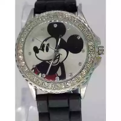 Disney Mickey Mouse Black Band Watch Accutime Rhinestone Crystal Bezel Bling • $303.30