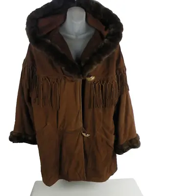 Vintage Christia Italy Brown Suede Fringe Mink Trim Jacket Coat (44) L-xl • $175