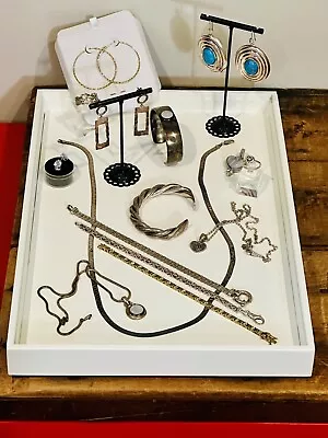 Sterling Silver Jewelry Lot-Rings Necklaces Earrings-Heavy Designer 925-14 Piece • $152.50
