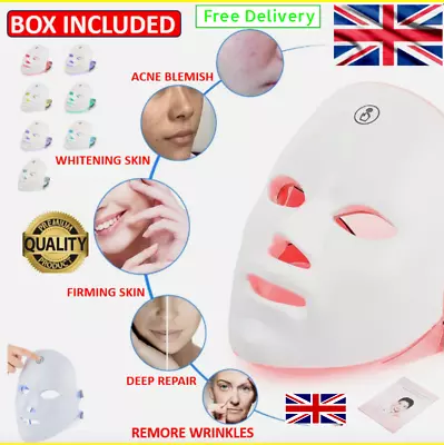 7 Colors Facial LED Mask Photon Skin Therapy Rejuvenation Wireless Anti Aging UK • £17.49