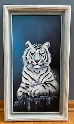 Vintage Snow Tiger Leopard Oil Painting Signed Rex 28x16 Framed • $125