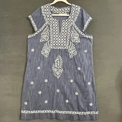 Roller Rabbit Dress XL Embroidered Blue Chambray Faith Boho Beach Classic Party • $69.99