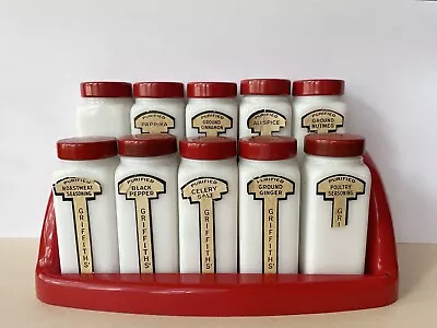 Vintage Griffith’s Milk Glass Spice 10 Piece Set With Original Red Rack Art Deco • $47.50