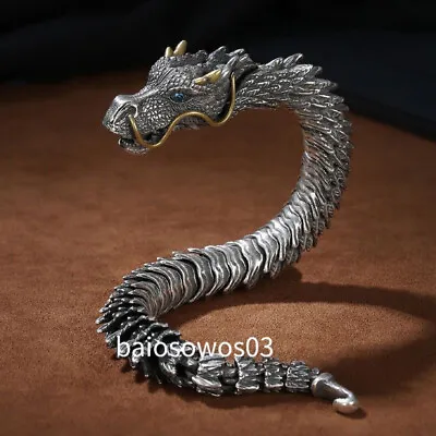 Pure Sterling Silver Band Men Women Lucky Gift Carved Dragon Bracelet • $37.99