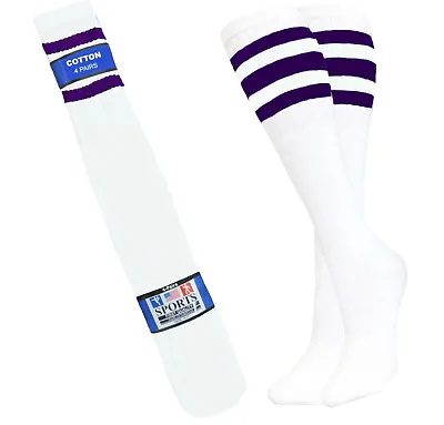 $12.95 • Buy 4 Pair Sports Tube Socks Cotton White Purple Stripes Hi Calf Long Socks 10-15