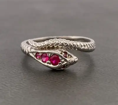 9ct White Gold Lab-Created Ruby Snake Ring Size N Hallmarked • £188