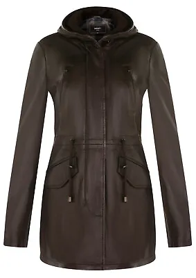 Women's Brown Leather Parka Jacket Hooded Multi-Pocket Trench Coat • £129.99