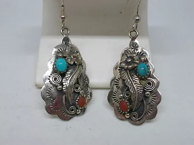 Vintage Sterling Navtive American Navajo Frank Yazzie Turquoise & Coral Earrings • $60