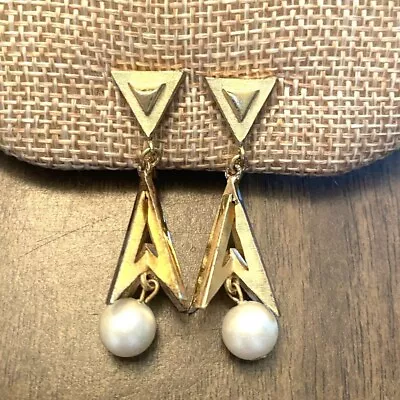 Vintage Gold Tone 3-D Triangle Drop Earrings Faux Pearl Signed Trifari • $30