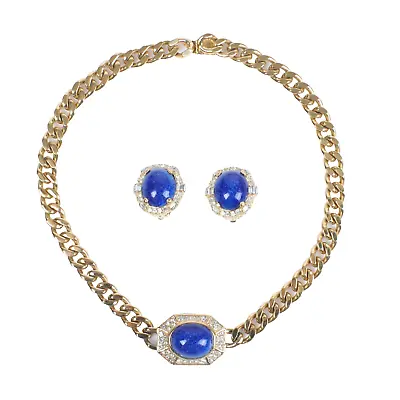 SI893 Ciner Blue Lapis Rhinestone Link Necklace Clip Earring Set 15.5 Set • $550