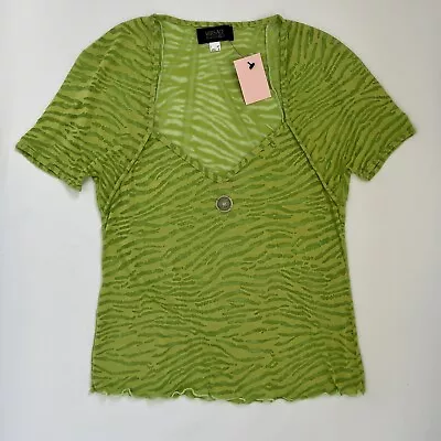 VERSACE CLASSIC V2 UK 10 Green Sheer Animal Print Short Sleeve V-Neck Top • $24.90