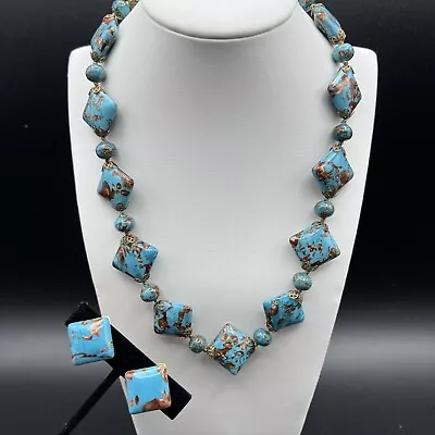 Vintage Italian Venetian Blue Glass Copper Fleck Square Bead Necklace & Earrings • $125