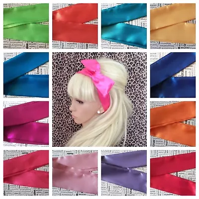 PLAIN SATIN FABRIC BENDY WIRED BOW WIRE HAIR WRAP SCARF HEAD BAND 50s 60s RETRO • £4.75