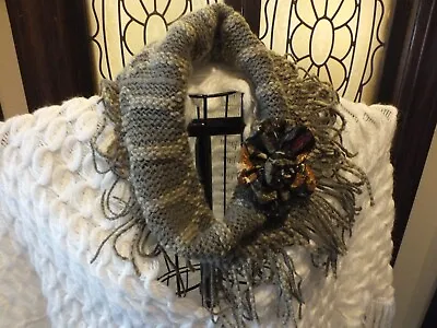 Upcycled Infinity Cowl Scarf Handmade Removeable Flower Gray Tan 22x20  • $14.95