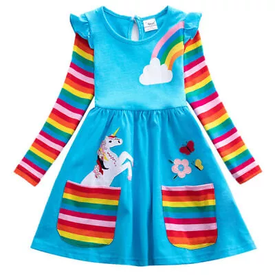 Kids Girl Unicorn Rainbow Dress Autumn Long Sleeve Sundress  Princess Dress • £14.49