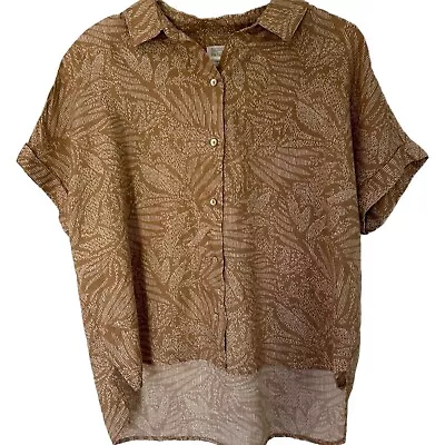 Sigrid Olsen Linen Tan Hawaiian Button Up Shirt Womens Medium Short Sleeve Hi Lo • $17.99