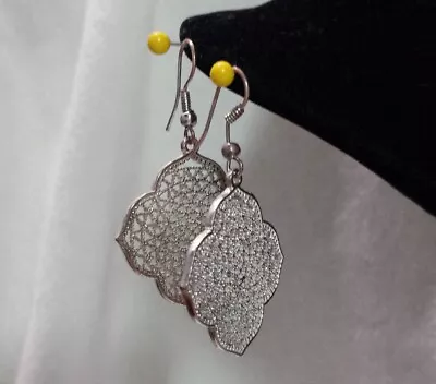 Brass Silvertone Open FilIgree Floral Earrings Moroccan Shape French Hooks • $16