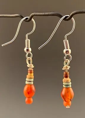 Ancient Egyptian Carnelian & Mummy Bead Earrings; 300 Bc - 100 Ad Delicate Pair • $175