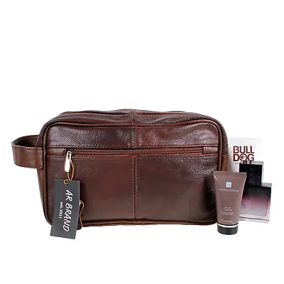 £19.90 • Buy Large LEATHER WASH BAG Zipped Sections Cowhide Toiletries Toiletry Travel 