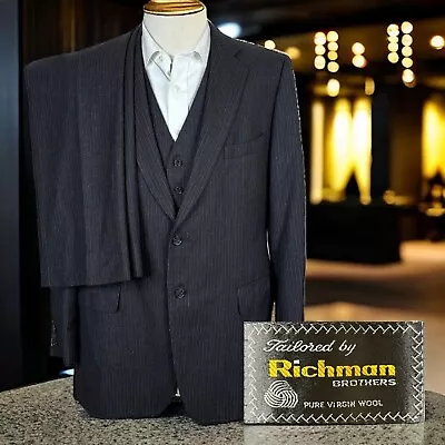 Richman 3 Piece Suit Mens 42L 36x31 Dark Gray Stripe Flannel • $130