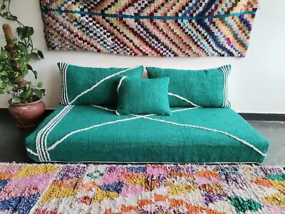 Moroccan Handmade Floor Couch - Unstuffed Cotton Green Sofa Covers + Pillow Case • $474.64