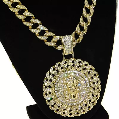 14k Gold Plated Cuban Round Jesus Medallion Pendant Iced Simulated CZ Chain 30  • $59.95