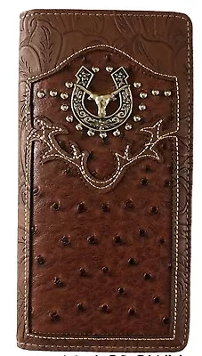 Long Horn Mens Wallet Western Bifold Check Book Style W069-6 Ostrich Brown • $13.99