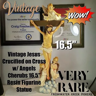 Vintage Jesus Crucified On Cross W/ Angels Cherubs 16.5  Resin Figurine Statue • $39.99