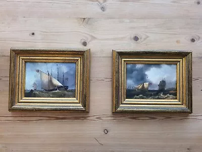 Pair Oleograph Painting Ships Seascape Naval Gold Gilt Ornate Frame • £30
