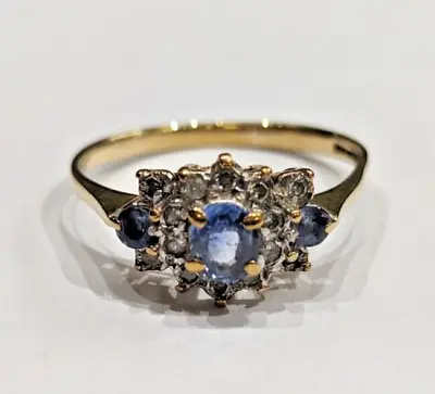 9ct Gold Ring Sapphire Trilogy And Diamond Cluster Ring Size N 1/2 • $249.96