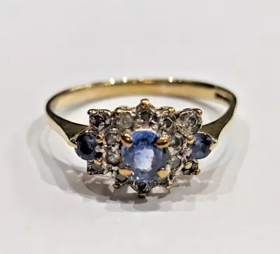 9ct Gold Ring Sapphire Trilogy And Diamond Cluster Ring Size N 1/2 • $241.38