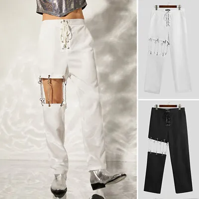 Men's Lace Up High Waist Cargo Hippy Pants Punk Chain Loose Trousers Bottoms NEW • $27.54