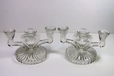 Vintage Jeanette Glass Clear 3-Light Candelabra / Triple Candlestick Holder • $24.99