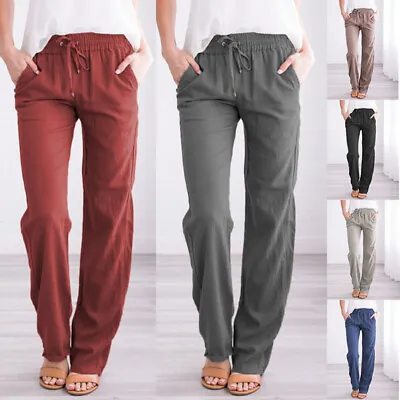 Women Solid Cotton Linen Trousers Long Pants Ladies Elastic Waist Pocket Bottoms • £11.59