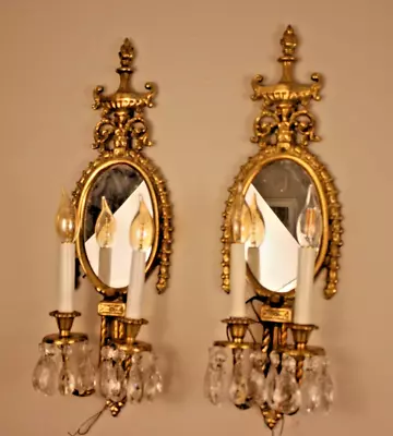 French Neoclassical Style Brass Prisms Wall Mirror Pair Sconces CIRCA 1950s • $420