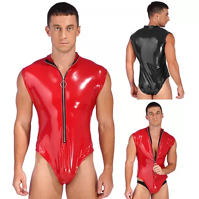 Men's Faux Leather Wetlook Bodysuit Front Sleeveless Zip Leotard Jumpsuit Romper • $14.22