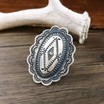 Navajo Vincent Platero Stamped Sterling Silver Large Oval Ring Size Adjustable • $195