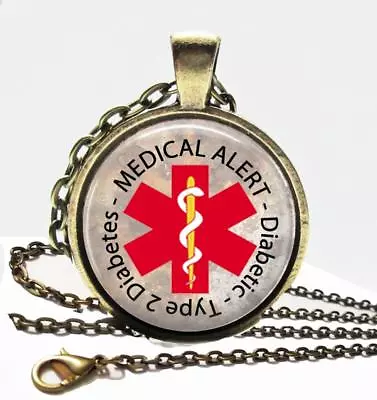 Diabetic Type 2 Diabetes Medical Alert Necklace Glass Top Pendant & Chain • $13.95