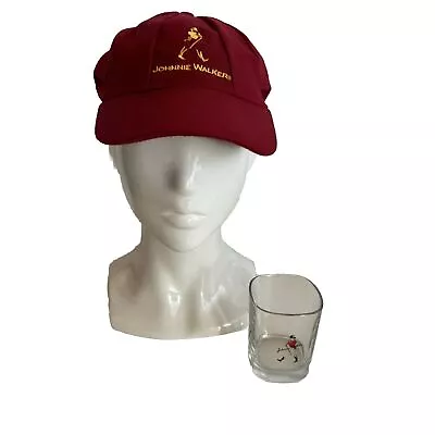 Lot Johnnie Walker Red Label Scotch Whiskey Square Round Spirit Glass + Peak Cap • $34.95