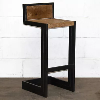 Bar Stool Metal Frame Kitchen Wooden Seat Stylish Box Design Cafe Kitchen Chair • £49.99