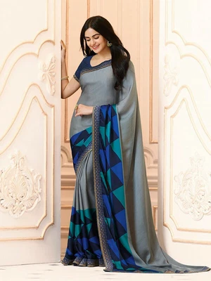 $54.93 • Buy Gray Indian Sari Abstract Printed Women Bollywood Dress Party Wear Saree 6YD