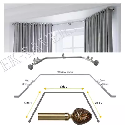 28mm Eyelet 400cm Bay Window Metal Curtain Pole Rod Set With Square Brackets • £10.99