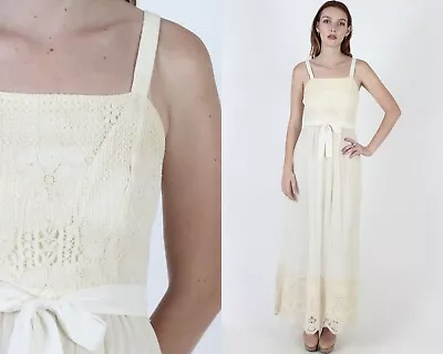 Vtg 70s Lightweight Crochet Lace Bridal Gown Scallop Simple Wedding Maxi Dress • $84.55