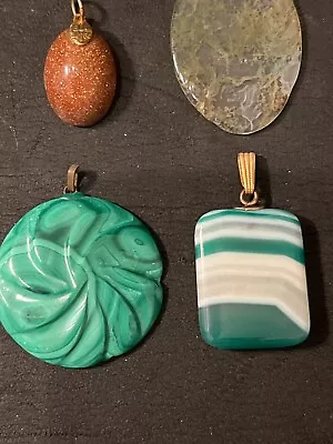 Lot 4 Necklace Pendants Carve Malachite Striped Agate Moss Goldstone Antique Vtg • $4.99