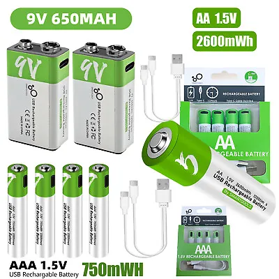 USB AA AAA 9V Lithium Ion Rechargeable Battery 1.5V Fast Charger Type C Cable • $7.59
