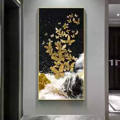 Canvas Painting Golden Leaf Butterfly Poster Wall Art Abstract Luxury Wall Mural • $14.24