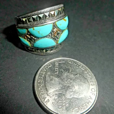 Wide Band Sterling Silver Marcasite Turquoise Half Circle Bi-Level Bridge Ring S • $47.60