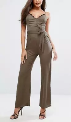 Khaki Green Black Lace Trim Jumpsuit 14 Wide Leg Sexy Party Club Occasion Belted • £29.99
