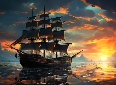 Sunset Sail Ship Seascape Canvas Picture Print Wall Art Framed 20 X30  • £24.95