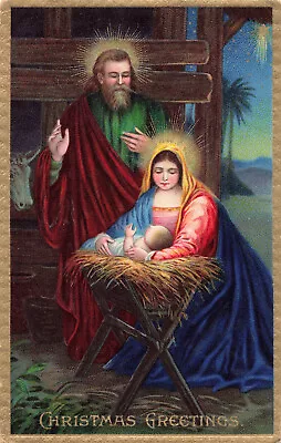 Postcard Christmas Greetings Baby Jesus Manger Mother Mary Gold Trim Embossed • $12.99